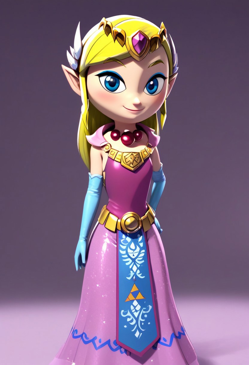(score_9, score_8_up:1.1), score_7_up, 
subsurface scattering, 
purple theme background,glitter,sparkles,shiny,1girl, Live - action adaptation of a 3d character,  1girl, solo, 
BREAK,
curvy, 
zzToonZelda, smile, gloves, dress, elbow gloves, parody, tiara, 3d, 3d model, triforce, gold, bead necklace, gold necklace,
wide hips, curvy, 
BREAK, 
charming face, smile, closed mouth, blushing, looking at viewer,