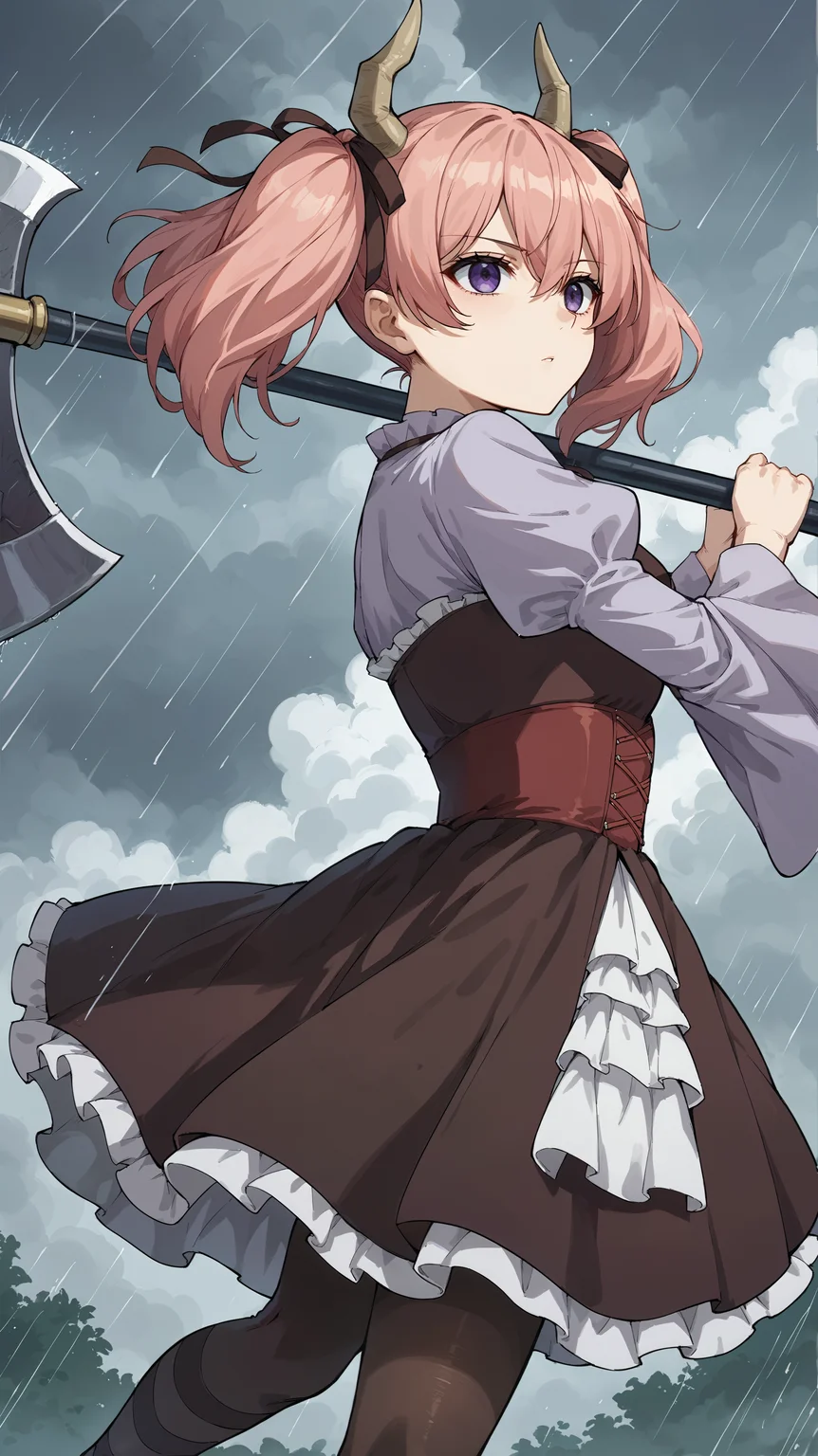score_9,score_8_up,score_7_up,score_6_up, <lora:xl_more_art-full_v1:0.5>, source_anime, girl, dynamic pose, <lora:Linie - Pony-000004:0.8>, pink hair, twintails, horns, purple eyes, black hair ribbons, light purple shirt, puffy sleeves, wide sleeves, black ribbon, frills, black dress, red corset, layered dress, pantyhose, raining, storm, cloudy, rainstorm, fighting stance, battle axe, holding, expressionless,