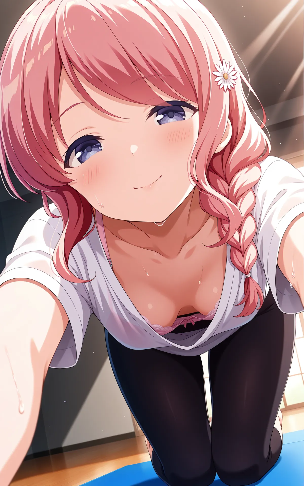 masterpiece,best quality,good quality,newest,4k,perfect lighting,cinematic,very aesthetic,official art,anime screencap,anime coloring,
1girl,solo,fukami ema,pink hair, long hair,single braid,hair over shoulder,hair ornament,hair flower,blue eyes,white t-shirt,short sleeves,collarbone,downblouse,bra,black leggings,small breasts,
looking at viewer,all fours,top-down bottom-up,stretching,reaching out arms,seductive smile,sweat,indoors,on gym mat,from below,BREAK
<lora:ILema:1>