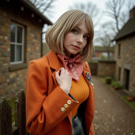 watercolor painting horror-themed analog film photo <lora:AshleyR4:1> a close up, a candid, half body shot, close up shot, aslx, costume, aslx, a woman wearing an ashley graham costume with orange jacket, plaid skirt, blond hair styled in a bob, she's in creepy old town, leaning on a house wall, ultra detailed, ultra realistic, ultra quality, cinematic, cinematic lighting, ultra detailed . faded film, desaturated, 35mm photo, grainy, vignette, vintage, Kodachrome, Lomography, stained, highly detailed, found footage, RAW candid cinema, 16mm, color graded portra 400 film, remarkable color, ultra realistic, textured skin, remarkable detailed pupils, realistic dull skin noise, visible skin detail, skin fuzz, dry skin, shot with cinematic camera . eerie, unsettling, dark, spooky, suspenseful, grim, highly detailed . vibrant, beautiful, painterly, detailed, textural, artistic