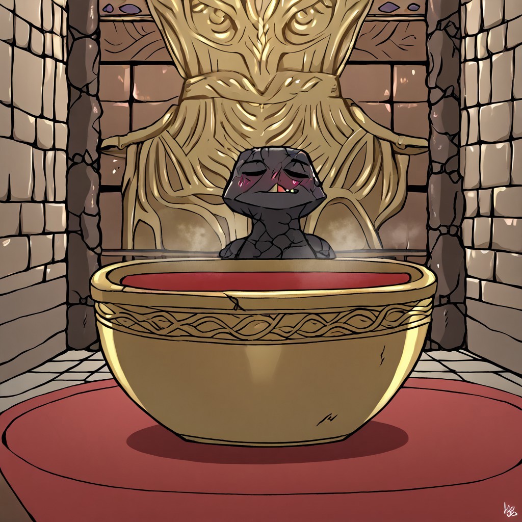 RythIFAlexanderPony, Alexander \(Elden Ring\), pot guy, on bath room, bath, stone walls
