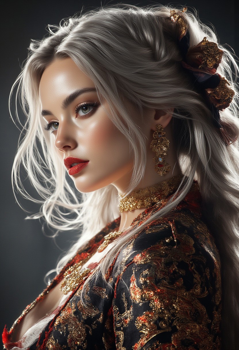 aidmaMJ6.1, Silhouette Art, breathtaking detailed, masterpiece, awe-inspiring, radiant, magnificent, stunning oriental woman, long loose silver hair, gold, black and red cheongsam with eastern dragon designs, earrings, necklaces