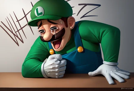 score_9, score_8_up, score_7_up, 1boy, Wheeze, open mouth, tears, laughing, <lora:Wheeze_XLPD:1>, hand on table, english text, clenched hand, <lora:Luigi_XLPD:1> Incrsluigi, luigi, green headwear, blue overalls, white gloves, long sleeves