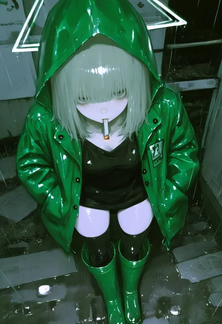 1girl, solo, cigarette, rain, hood, halo, thighhighs, boots, hands in pockets, raincoat, rubber boots, jacket, green jacket, black thighhighs, smoking, mouth hold, hooded jacket, bangs, green footwear, standing, black shirt, shirt, medium hair, outdoors, looking at viewer, hood up, knee boots, grey hair <lora:748cmXL_NB11_lokr_V6311P:0.95>