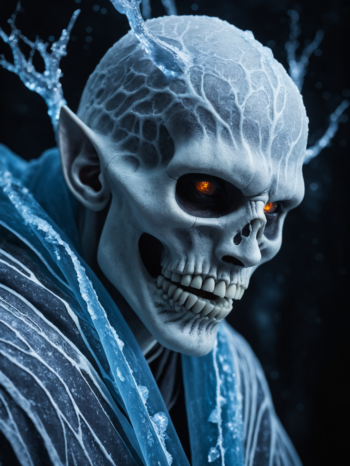 a photo, score_9, score_8_up, score_7_up, score_6_up, score_5_up, score_4_up, \(medium\), closeup portrait, A symmetric portrait of a male, evil frozen necromancer, features dissolving into frozen magic thin, luminescent blue lines. Weighted Voronoi stippling and laser caustics create a network, transitioning from hyperrealistic detail to abstract, quantum-inspired forms. Ethereal hues blend, evoking existential transition and mystery. Close-up on face, evil skull partially visible. Set against a twilight arctic backdrop, icy winds ripple through his tattered robes. Rendered in a fusion of photorealism and digital surrealism, the scene is illuminated by ghostly Northern Lights. Emphasis on cold, menacing atmosphere, invoking Nordic myths, dramatic, highly detailed, midjourneyv6.1  <lora:add-detail-xl:0.8>  <lora:xl_more_art-full_v1:0.2>