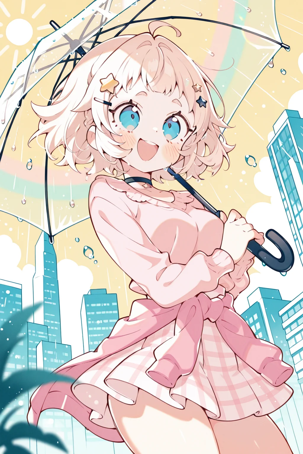 <lora:Uekura_Eku:1>, Uekura_Eku, 1girl, umbrella, blue eyes, outdoors, holding, solo, water drop, transparent umbrella, smile, skirt, clothes around waist, holding umbrella, hair ornament, shirt, open mouth, breasts, choker, pink shirt, building, long sleeves, star hair ornament, plaid, sky, hairclip, from below, pink skirt, transparent, lens flare, sun, :d, cloud, pink sweater, sweater, sunlight, blurry foreground, blush, rain, white skirt, black choker, rainbow, plaid skirt, light rays, day, yellow sky, star \(symbol\), city, skyscraper, dutch angle, depth of field, jacket