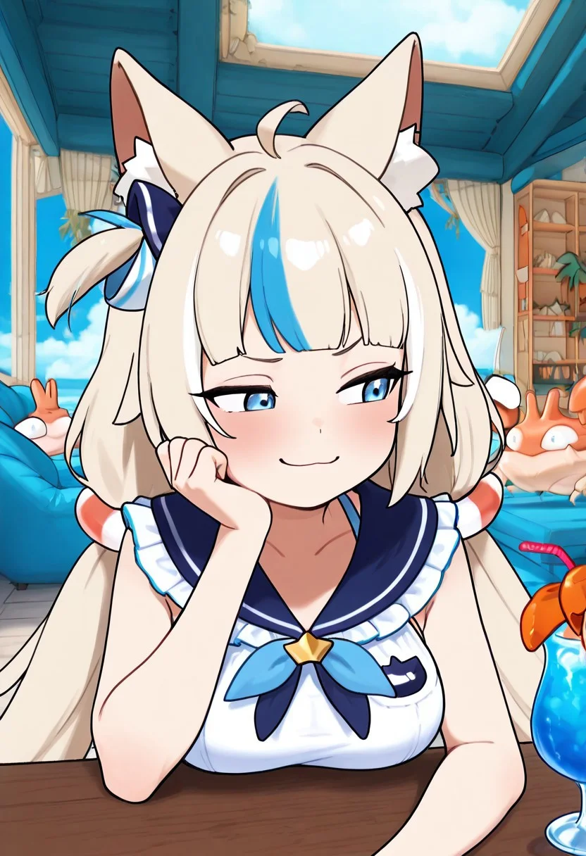 masterpiece, best quality, amazing quality,,
zzSaba, blue eyes, ahoge, animal ears, blonde hair, blue hair, multicolored hair, streaked hair, long hair, low twintails, hair bow, sleeveless, frilled dress, blue sailor collar, sailor dress, (upper body), large breasts,
smug,
(zzKrabby),
sitting, table, tropical drink,