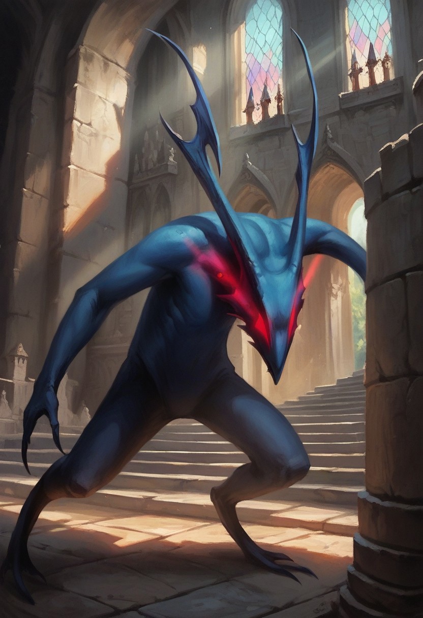 score_9_up, score_8_up, score_7_up, score_6_up, solo, unversed_flood, bright blue skin, no humans, red eyes, glowing eyes, pointy limbs, standing, in a castle, fantasy, (realistic, painted art), bright sunlight