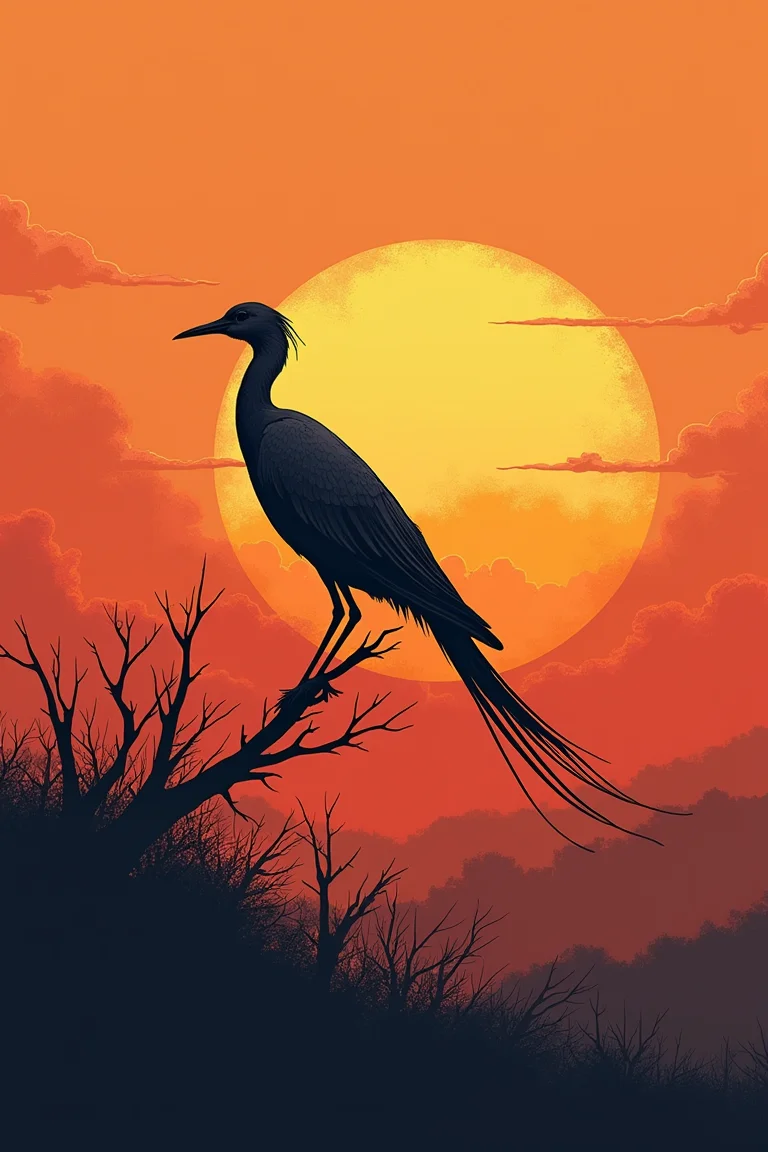 Very beautiful and elegant bird at sunset, masterpiece, logo aesthetics, minimalist illustration, ink art.