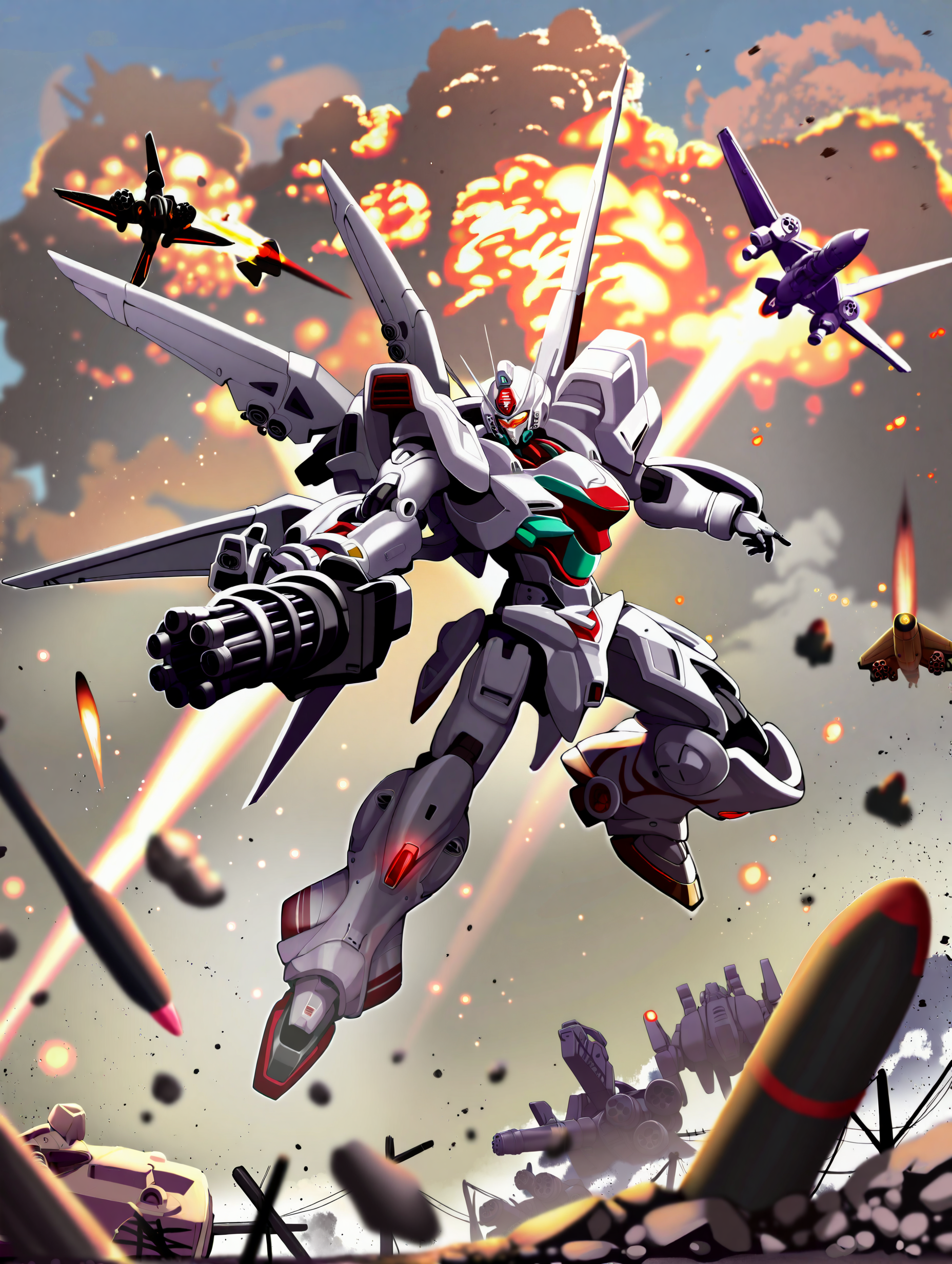 mecha, mecha pilot suit, battlefield, action, dynamic, explosion, missile pod, itano circus,depth of field, detailed background, glowing, gatling gun, afterglow,  light, shadow, beam of light,  light particles, mechanical wings, muted color, 
satou kuuki, momoko \(momopoco\), yusha m, dishwasher1910, kcar66t, torino aqua, shunichi, ebifurya, 
masterpiece,best quality,amazing quality,very aesthetic,absurdres,newest,  anime screenshot, crisp, sharp,
 <lora:NOOB_EPSv1_1_detailer_by_vlnvk_v0_5:1.5>