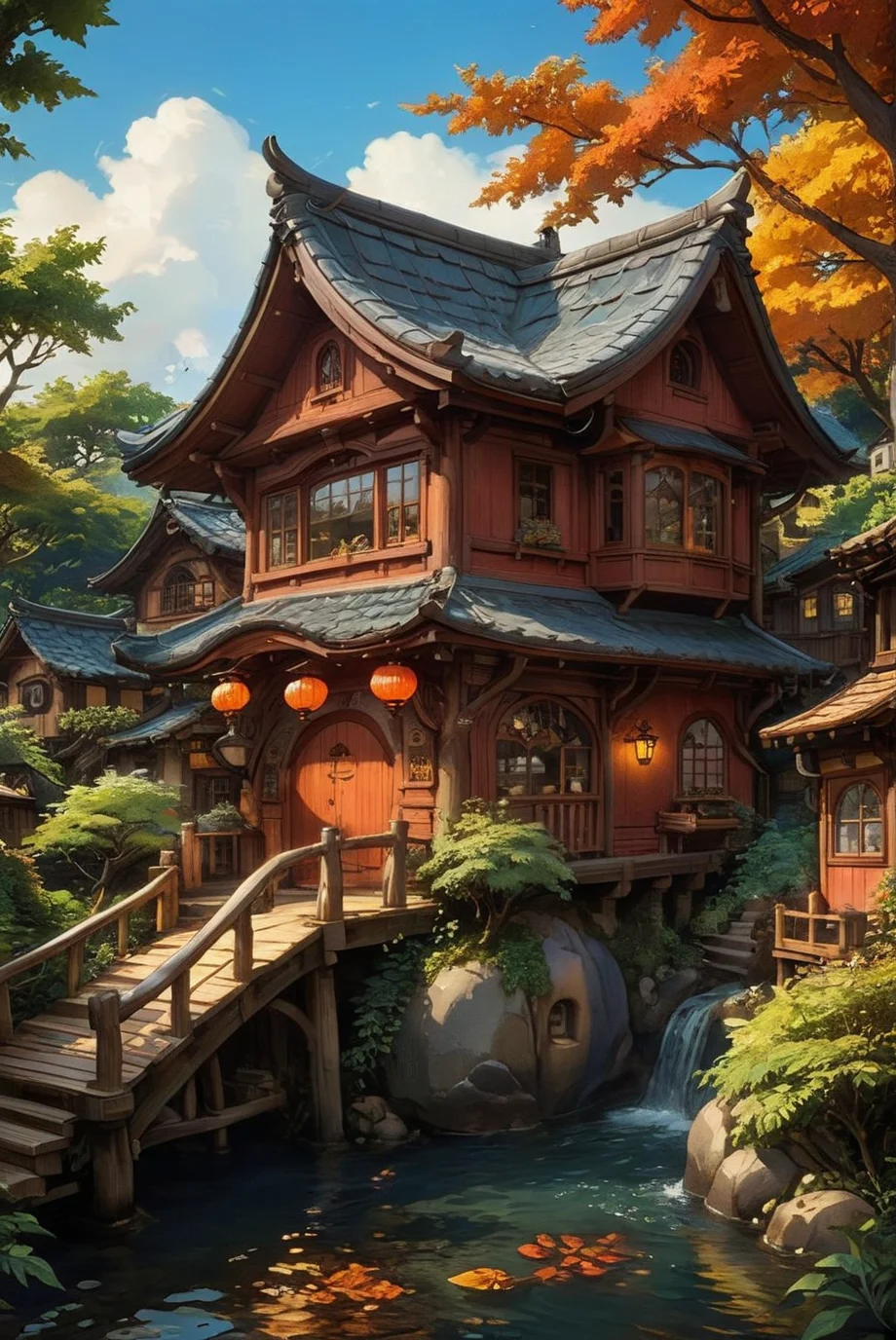 A surreal, hyper-realistic depiction of a dark red onsen bathhouse, reminiscent of Studio Ghibli's "Spirited Away." The scene captures the enchanting and whimsical essence of a traditional Japanese bathhouse, with intricate wooden architecture, warm glowing lanterns, and a serene, inviting atmosphere. The bathhouse is surrounded by lush greenery and a mystical ambiance, transporting viewers to a dreamlike world. The level of detail is extraordinary, with every wooden beam, lantern, and plant meticulously rendered, creating an immersive and magical visual experience.
hyper-realistic, surreal, onsen bathhouse, Studio Ghibli, Spirited Away, intricate wooden architecture, warm glowing lanterns, serene atmosphere, lush greenery, mystical ambiance, dreamlike world, extraordinary detail, immersive, magical.
<lora:20240627-1719439682067:0.85> FRESHIDEAS Fantasy Cottage,
<lora:add-detail-xl:1.0>,
<lora:EnvyBetterHiresFixXL01:1.0>,
<lora:extremely_detailed:1.0>, extremely detailed,
<lora:EldritchMixIllustration_1.1:0.75>,
<lora:zavy-cntrst-sdxl:0.5> dark, chiaroscuro, low-key,