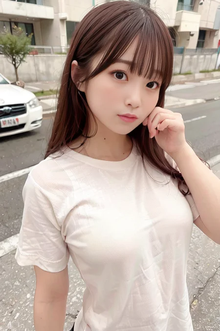 1girl, headphone, solo, brown hair, watch, shirt, outdoors, wristwatch, headset, long hair, holding headphone, holding, car, cream shirt, bangs, short sleeves, ground vehicle, smartphone, day, cloud, upper body, looking to the side, english text, bracelet, motor vehicle, sky, talking on phone, realistic, lips, looking away, jewelry, blunt bangs, closed mouth, brown eyes, t-shirt, miyu kishi, <lora:Miyu-obentoai-v2:0.69>, (photorealistic:1.3), smile