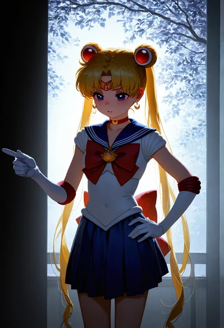 <lora:SDXL\Illustrious\ai_styles_collection_noob_vpred-0.5_v1.safetensors:1.0:1.0> <lora:SDXL\Illustrious\ComfyUI_itercomp_00001_.safetensors:1.0:1.0>(no lineart:1.1), tsukino_usagi, sailor_moon, 1girl, solo, long_hair, skirt, blonde_hair, hair_ornament, gloves, bow, twintails, jewelry, very_long_hair, choker, elbow_gloves, white_gloves, sailor_collar, hair_bun, red_bow, tree, blue_skirt, hand_on_hip, double_bun, parody, magical_girl, tiara, pointing, blue_sailor_collar, back_bow, red_choker, sailor_senshi_uniform BREAK [potg \(piotegu\):konya karasue:15], [shiroma \(mamiko\):others \(gogo-o\):15], (misawa hiroshi:0.5), (otohime \(youngest princess\):1.2), masterpiece, absurdres, aesthetic, best quality, (high contrast, soft lighting:1.2), [:dark lighting:10], grunge art, (film grain:1.2), negative space, (vignetting, 3d:1.2), very awa