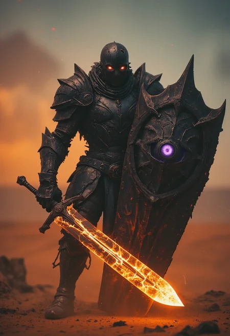 Upper body shot of a dark, menacing towering mechanical hkstyle knight in the heat of an intense, action-packed battle, captured with the gritty realism of an old analog camera. The hkstyle knight's intricately designed, battle-worn helmet reflects the eerie glow of his weapon—a massive, twisted sword. The blade crackles with dark energy, gathering ominously at its tip, where a glowing orb of dark purple and translucent Amber light pulses with immense, destructive power. The energy radiates along the length of the blade, casting a sinister glow that illuminates the knight’s helmet and armor, creating stark contrasts between light and deep shadows.
In his other hand, the knight wields a terrifying shield, adorned with jagged, twisted patterns and a ghastly visage that seems to stare into the souls of his enemies. The shield emanates a sense of foreboding, as if cursed by dark magic, adding to the overall terror of his presence. The glow from the sword throws the intricate details of the shield into sharp relief, casting long shadows that flicker across the Lone Desert scenery battlefield amidst dunes