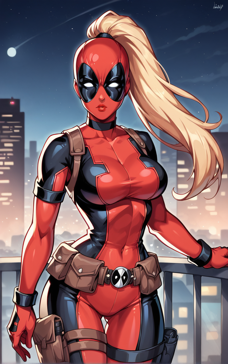 score_9, score_8_up, score_7_up, BREAK 
COMICS_LadyDeadpool_ownwaifu, 
1girl, blonde hair, empty eyes, high ponytail, large breasts, masked,  superhero, toned, very long hair, white eyes, mask, long hair, no pupils, narrow waist, 
bodysuit,  red bodysuit, black bodysuit, brown belt, multicolored bodysuit, belt pouch, utility belt, skin tight, belt, holster, gloves, pouch, covered navel, armor, choker, thigh strap, thigh holster, thigh pouch, ninja,
(standing, arm_support), railing, cityscape, night, city, city lights, scenery, starry sky, vanishing point, outdoors, <lora:PONYXL_COMICS_LadyDeadpool_ownwaifu:0.8> , depth of field, solo,