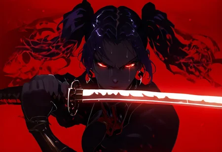 1girl, jill stingray, twintails, dark purple hair, red eye, cold stare, killing intent, hkwarrior, focus on face, movie wide profile shot, holding katana towards viewer, low guard sword parry stance, holding sword, (foreshortening:1,2), long curved blade, one hand on blade of katana, red string tied to hilt blowing in wind, glowing orange earrings, dark red and black low tech cyber armor, greaves, sweat, hair wet with blood, blood drip from blade, sts-foreshortening-v2,
BREAK 
best quality, masterpiece,dun composition, intricate, dense, on roof of a tall corporate building, cityscape, bokeh, dark night, night sky, high contrast, detailed face, sharp focus on face, red theme, black simple background,