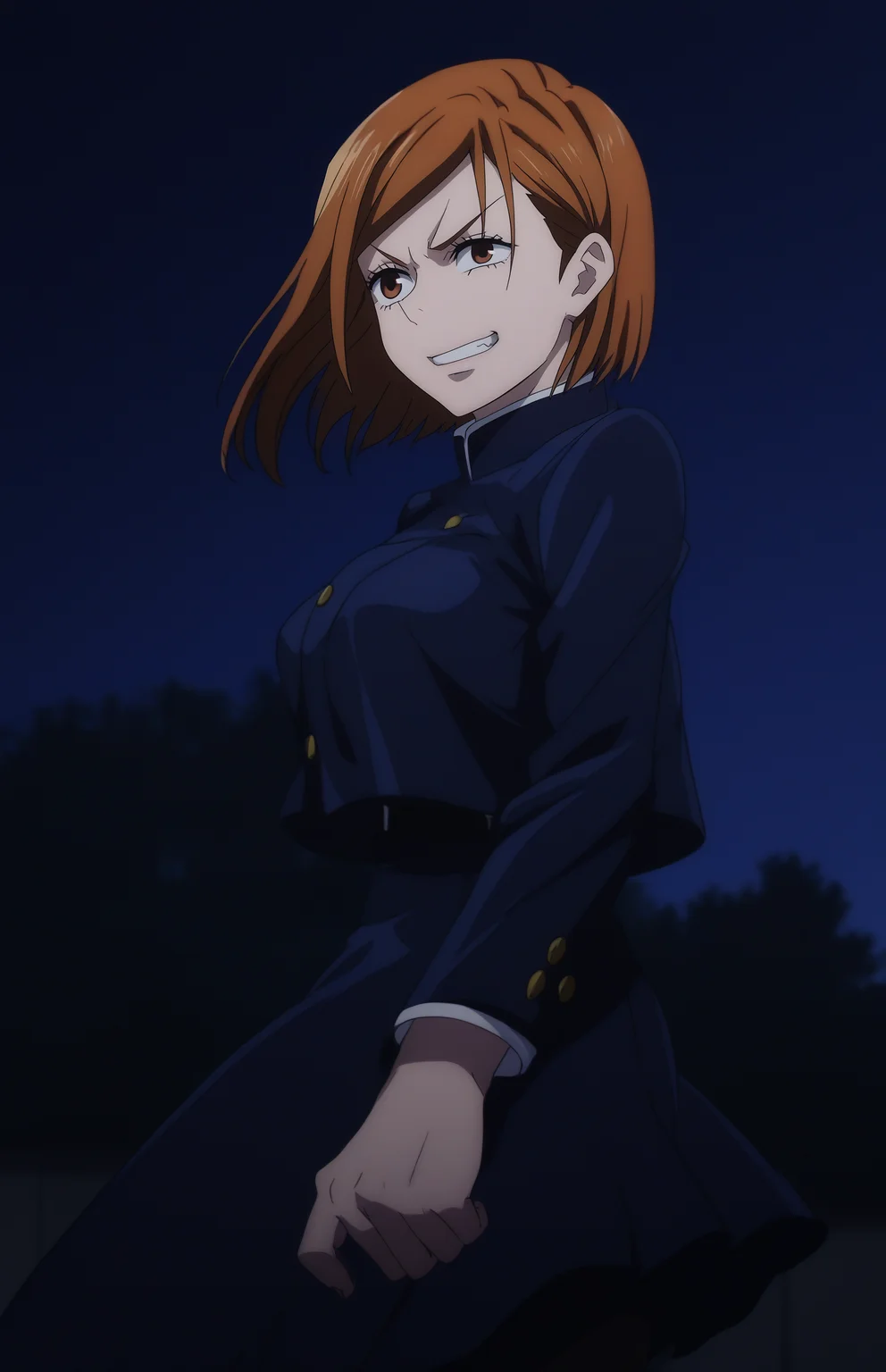 score_9, score_8_up, score_7_up, score_6_up, BREAK, source_anime, rating_explicit, masterpiece, best quality, detailed background, <lora:KUGISAKI_NOBARA_CULTY:1> 
anime screencap, 1girl, solo, kugisaki nobara, brown hair, brown eyes, big breasts, school uniform, black pantyhose, fighting stance, smug, clenched teeth, grin, night, big eyes, holdinf needles, station,
