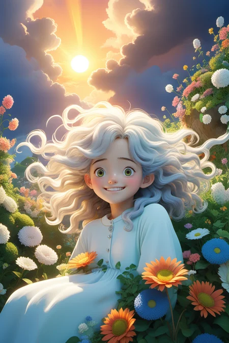Nijistyle,cute social comic,Studio Ghibli,1girl,crazy_smile,kind_smile,happy,long hair,white clothes,white hair,curly hair,Isolated on white background,light watercolor,bright,few details,sunlight,<lora:xl_more_art-full_v1:0.8>,
intricate linework,bright colors,behance contest winner,vanitas,angular,altermodern,unreal engine 5 highly rendered,global illumination,radiant light,detailed and intricate environment,soft focus,
Clouds and flowers wallpaper,sunset,bright,masterpiece,blue and green complementary colours Studio Ghibli,Deep Color,Intricate,Natural Lighting,Beautiful Composition,, Hyper Real,Photorealistic,16K,high detail,high resolution
