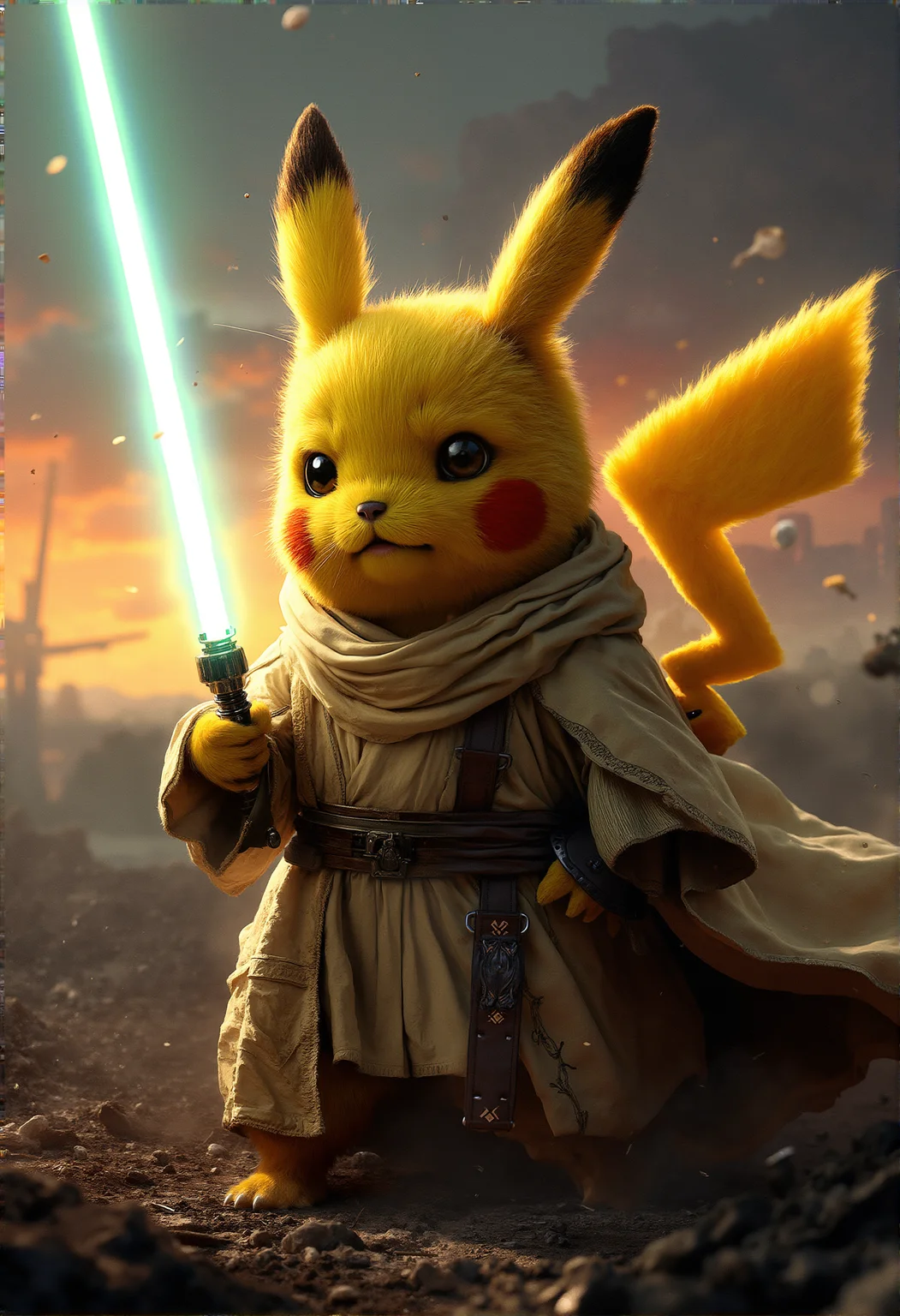 photorealistic Pikachu cosplaying as Luke Skywalker, wearing detailed Jedi robes, standing on a battlefield, lightsaber in one hand, other hand outstretched using the Force, twilight with the last light of day fading away, ultra-high-definition textures, cinematic composition, glowing lightsaber, intense and dramatic lighting, intricate details in the robes, determined and heroic expression, realistic fur texture, debris floating around, chaotic atmosphere, detailed battlefield environment, dark tones, high-detail rendering

dirty texture, 














