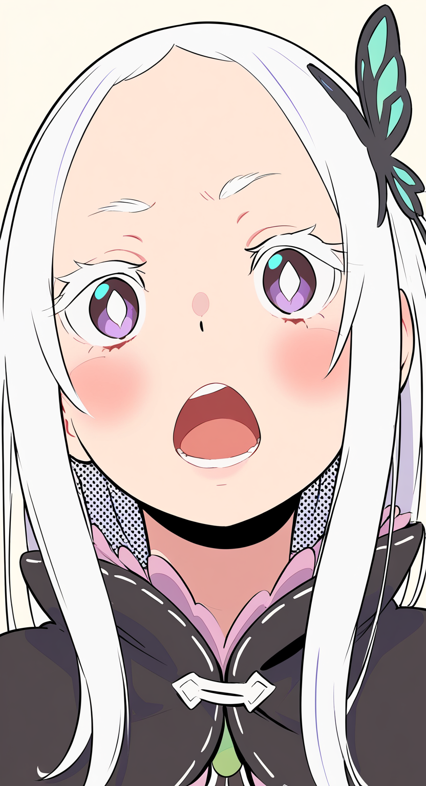masterpiece, best quality, Good quality, very aesthetic, absurdres, newest, echidna (re:zero), 1girl, blush, bright pupils, butterfly hair ornament, colored eyelashes, forehead, hair between eyes, hair ornament, long hair, looking at viewer, portrait, sidelocks, simple background, solo, teeth, upper teeth only, white hair, white pupils <lora:ponyv4_noob1_2_adamW-000017:0.7> <lora:semham4:0.8>