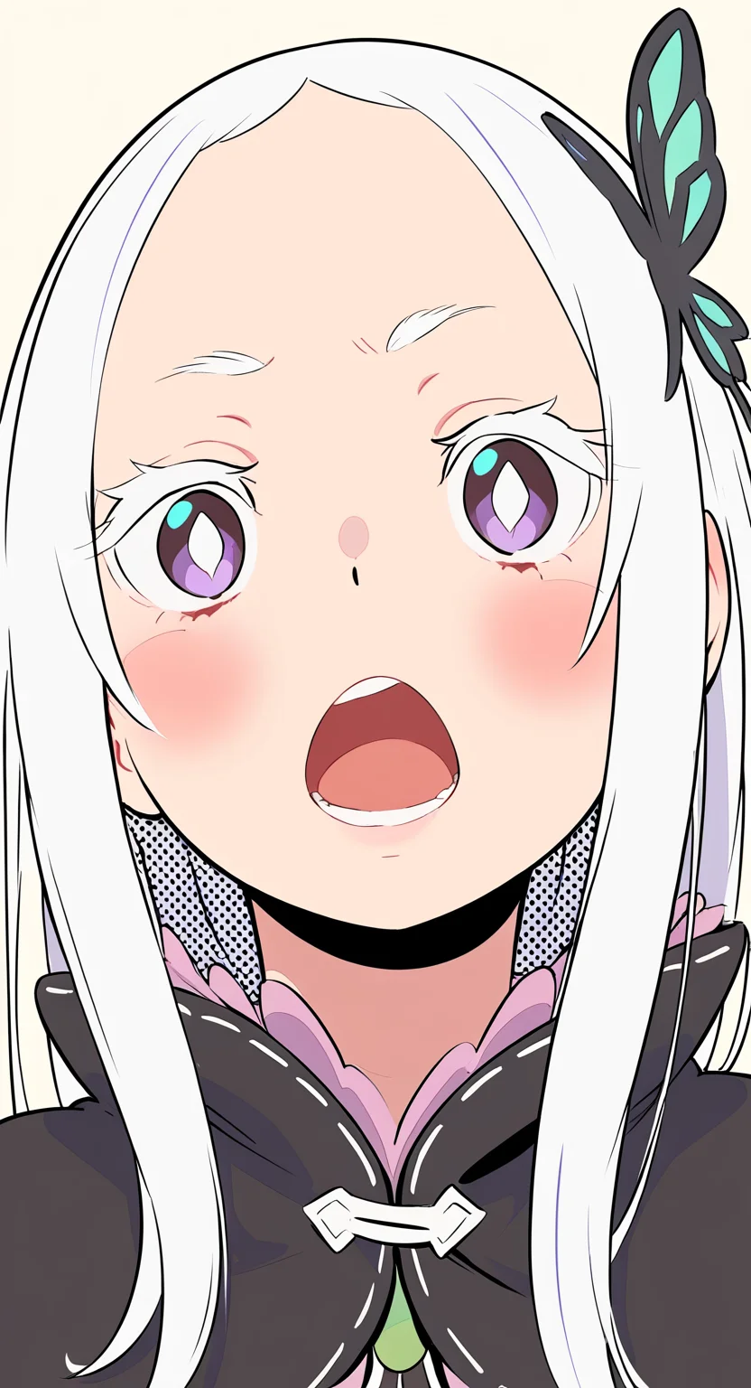 masterpiece, best quality, Good quality, very aesthetic, absurdres, newest, echidna (re:zero), 1girl, blush, bright pupils, butterfly hair ornament, colored eyelashes, forehead, hair between eyes, hair ornament, long hair, looking at viewer, portrait, sidelocks, simple background, solo, teeth, upper teeth only, white hair, white pupils <lora:ponyv4_noob1_2_adamW-000017:0.7> <lora:semham4:0.8>