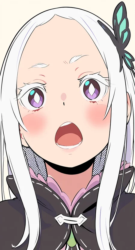 masterpiece, best quality, Good quality, very aesthetic, absurdres, newest, echidna (re:zero), 1girl, blush, bright pupils, butterfly hair ornament, colored eyelashes, forehead, hair between eyes, hair ornament, long hair, looking at viewer, portrait, sidelocks, simple background, solo, teeth, upper teeth only, white hair, white pupils <lora:ponyv4_noob1_2_adamW-000017:0.7> <lora:semham4:0.8>