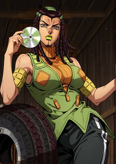 (jojo:0.4), 3rme5, 1girl, ermes costello, solo, dreadlocks, green lipstick, serious expression, sleeveless, orange turtleneck sweater, green jacket, black sports trackpants, upper body, \(jojo\), <lora:Jojos_Bizarre_Adventure_Ermes_Costello_-_IL:0.7> in a barn, large tyre, hand raised, holding CD