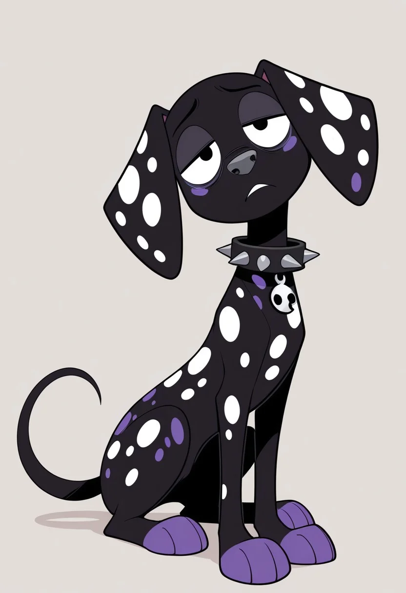 sunib3, SB, SB, masterpiece, best quality, amazing quality, Dante(101), solo, 1boy, dalmatian, dalmatian dog, feral, dog, dalmatian, black fur, white spots, purple spots, purple paws, gray nose, baggy eyes, pink bags under eyes, spiked collar, full body, head tilt, snout, looking at viewer, bored expression,
