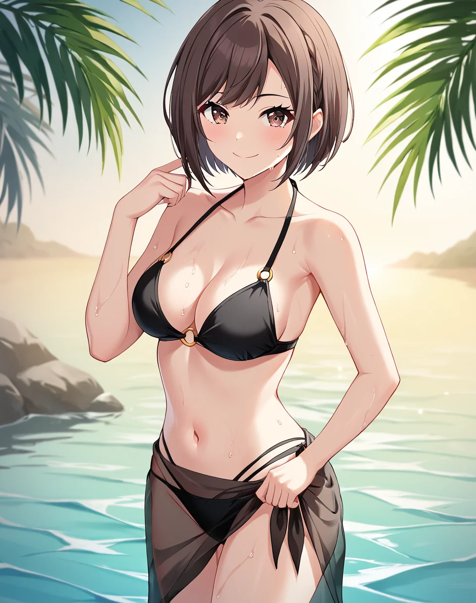 shinonome_ena, brown hair, brown eyes, short hair, official art, medium breasts, black bikini, string bikini, o ring, sweat, sweating white sarong, see-through sarong. BREAK outdoors, beach BREAK looking at viewer, sexy face, standing, sexy smile, hand ner face, sexy pose, BREAK score_9, score_8_up, score_7_up, source_anime ,zPDXL, perfect hand, <lora:Shinonome_Ena:0.8>