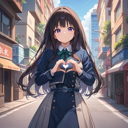score_9, score_8_up, score_7_up, score_6_up, score_5_up, score_4_up, BREAK source_anime, look at viewer, rating_safe, 1girl, solo, standing, heart hands, city, outdoors, masterpiece, best quality, high detailed skin, inoue takina, takina def, long hair, black hair, purple eyes, lycoris uniform, long sleeves, green neck ribbon, blue belt,