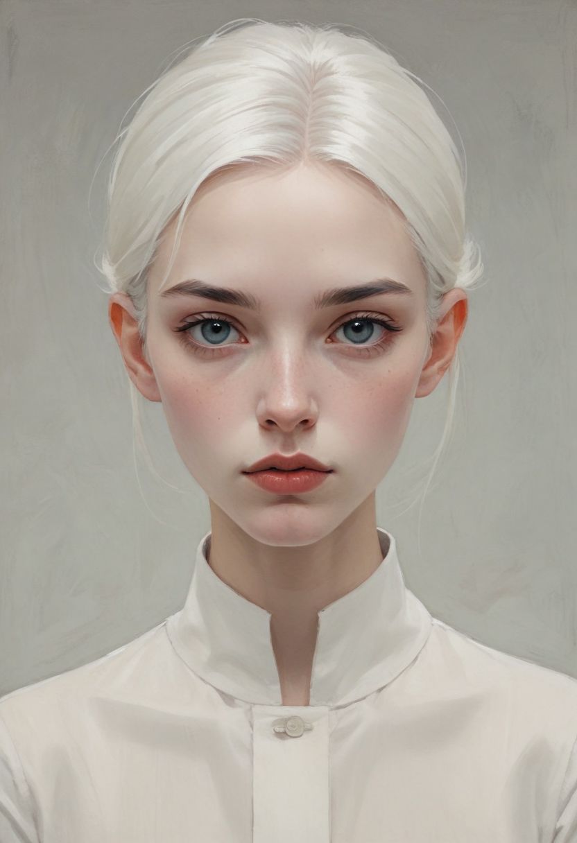 minimalist illustration, one woman, white hair, charming, captivating, minimalist, slender frame, detailed, headshot, painterly , style of malcolm liepke