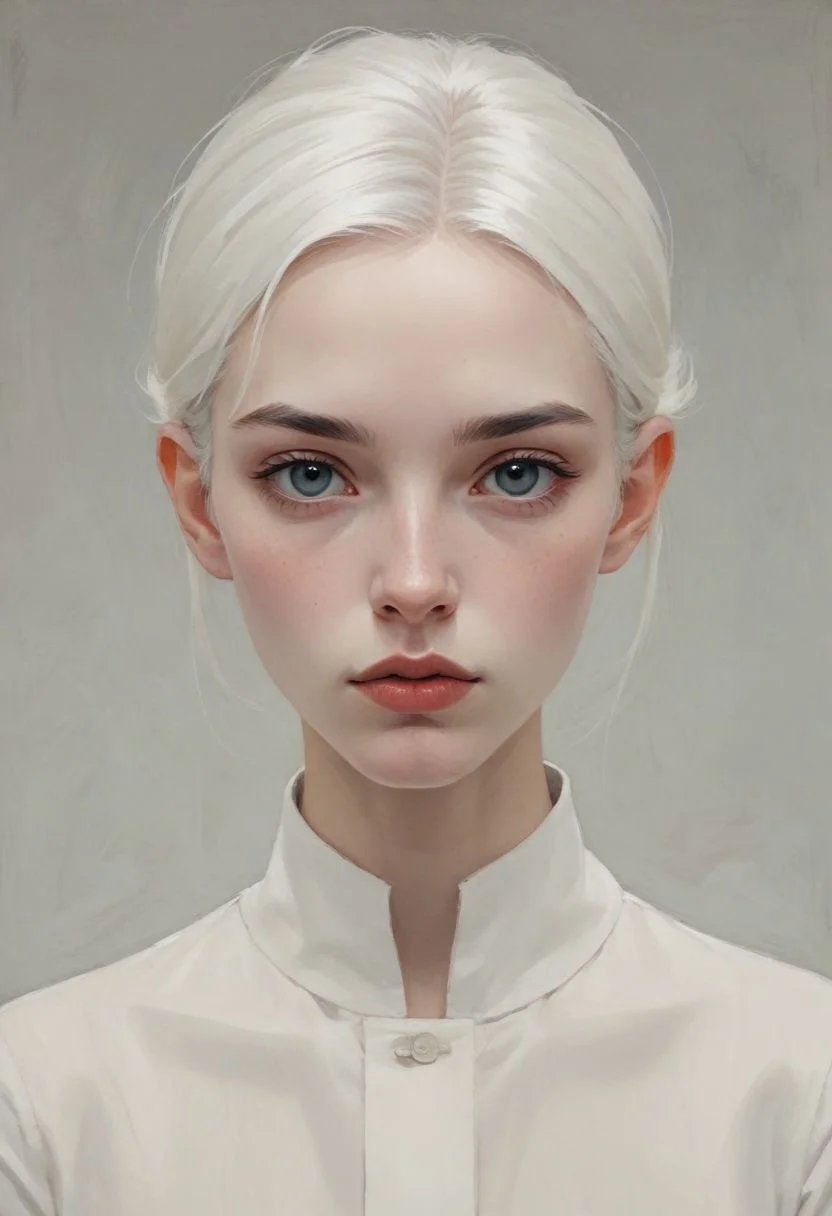 minimalist illustration, one woman, white hair, charming, captivating, minimalist, slender frame, detailed, headshot, painterly , style of malcolm liepke