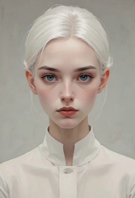 minimalist illustration, one woman, white hair, charming, captivating, minimalist, slender frame, detailed, headshot, painterly , style of malcolm liepke