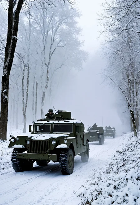 A dramatic winter scene depicting the Battle of the Bulge during World War II. The image shows American and German soldiers locked in fierce combat in the snow-covered forests of the Ardennes. American GIs, wearing heavy winter coats and helmets, crouch behind snow-dusted trees, firing rifles and machine guns at advancing German soldiers in camouflage, who move through the mist and snow. In the background, a massive explosion lights up the gray sky, with smoke billowing from destroyed tanks and vehicles. The snow is stained with blood, and frozen trees stand as silent witnesses to the brutal battle. The color palette is cold and muted, dominated by whites, grays, and dark greens, conveying the harsh winter conditions and the intensity of the fighting. The scene captures the chaos, bravery, and desperation of the historic conflict.
, moody light, by H.R Giger, 4k resolution digital art trending on Artstation and unreal engine 5, hyperrealism, full body shot, glowing eyes, cinematic, epic, masterpiece, surreal, fantasycore, hyperdetailed, ultra realistic, octane render, volumetric lighting, depth of field, bokeh, 8 <lora:Details:0.85>