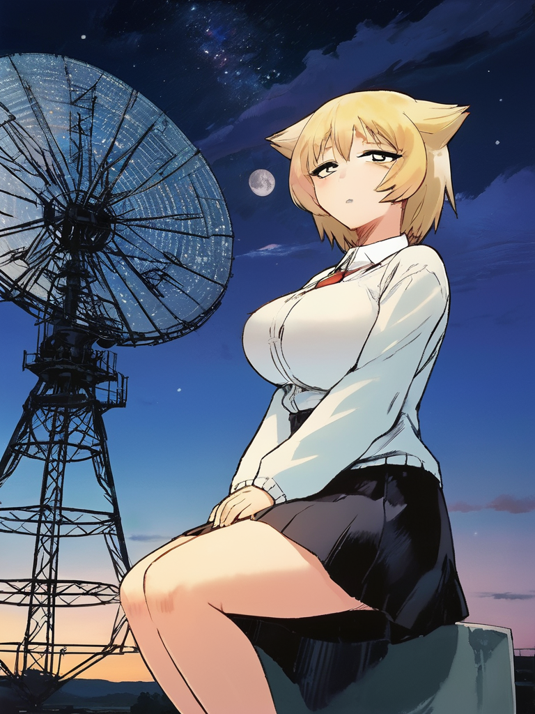 anime drawing of fuchibeppu chiyuri girl, masterpiece, best quality, a girl in a lab coat stands against the background of a parabolic radar antenna under the night sky, blonde hair,  <lora:fuchibeppu_safetensors:1>
