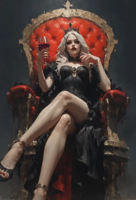 (score_9, score_8_up:1.1), score_7_up, 1girl, vampire queen, petite, white hair, long hair, sitting on a golden throne, black royal dress, black royal miniskirt, thighs, crossed legs, from below, air of superiority, throne room, black tiara, nail polish, red fingernails, pale skin, bloody, red wine glass, bats, <lora:d4rk01lXLP:0.7> <lora:Concept Art Eclipse Style LoRA_Pony XL v6:0.5>
