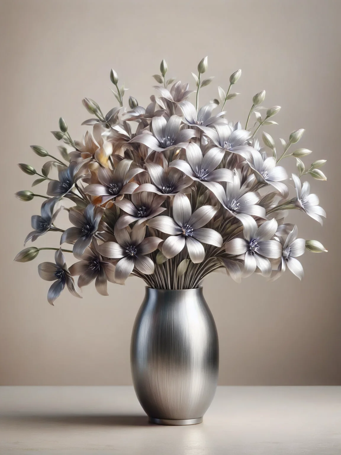 A bouquet of delicate flowers, their petals and stems transformed into shimmering ais-steelz, bathed in soft morning light <lora:Brushed_Steel_Style_SDXL:1>