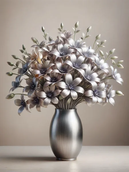 A bouquet of delicate flowers, their petals and stems transformed into shimmering ais-steelz, bathed in soft morning light <lora:Brushed_Steel_Style_SDXL:1>