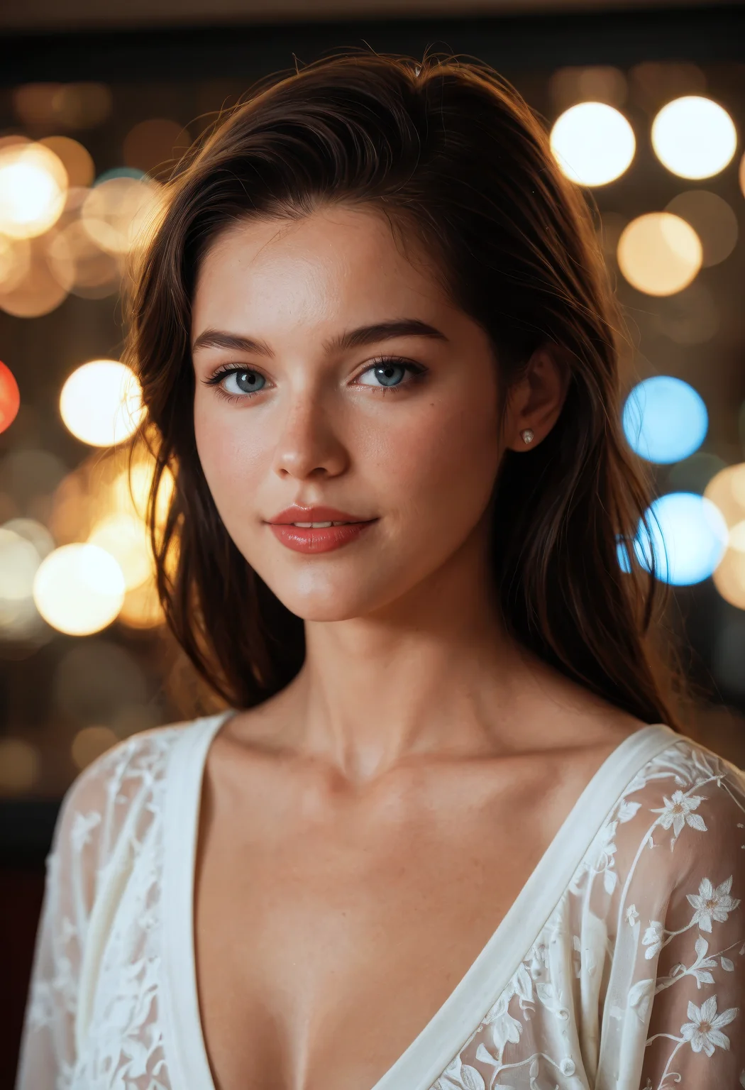 CyberRealisticPony_POSV1, a beautiful woman, brunette, close-up, girl next door, baggy clothes, interior, film grain, retro, (bokeh:1.3), Porta 160 color, shot on ARRI ALEXA 65, sharp focus on subject, Fujifilm XT-3