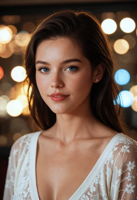 CyberRealisticPony_POSV1, a beautiful woman, brunette, close-up, girl next door, baggy clothes, interior, film grain, retro, (bokeh:1.3), Porta 160 color, shot on ARRI ALEXA 65, sharp focus on subject, Fujifilm XT-3