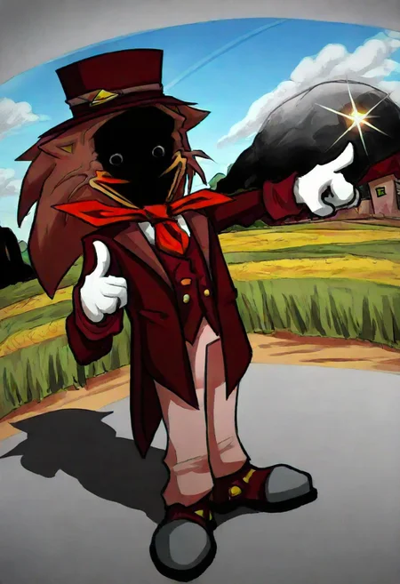 (((pointing at viewer))), (((Charcoal color palette))), diffraction spikes, GekidoEXE, 1man, well-dressed hedgehog, ominous obscured face showing only smile, bright red ring eyes, dark reddish fancy suit, bright red tie, top hat, light red pants, dark red shoes with gray and gold accents, horror, solo,
shadow, full body, looking at viewer, one hand down, arm down, crooked body posture,
zoomed foreground perspective view, dynamic angle, focus finger, gaussian blur, field of view, rainbow ambient occlusion, refraction across screen, blue cracked sky, cute yellow drawing sun, fake drawing houses, rainbow, black cracks in sky, fake drawing clouds,