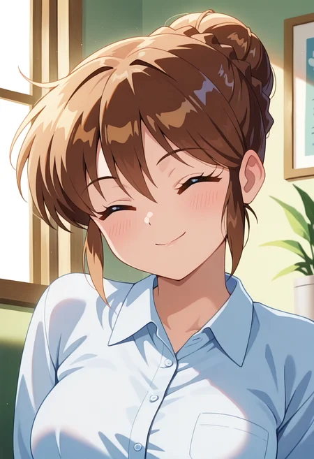 masterpiece, best quality, amazing quality, absurdres, 1girl, solo, (portrait:1.2), yayoiww, closed eyes, brown hair, short hair, hair bun, single hair bun, braid, medium breasts, collared shirt, looking at viewer, smile, indoors, day, skindentation, detailed clothing folds, depth of field, sharp, high contrast, dynamic light <lora:Yayoi_Nageki_no_Kenkou_Yuuryouji_ill_v11:0.9>