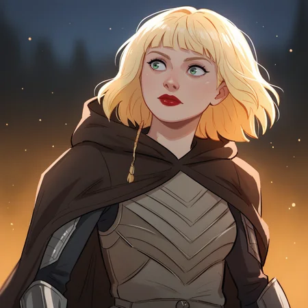 score_9_up, score_8_up, BREAK, ShinHati, 1girl, solo, blonde hair, short hair, green eyes, lipstick, armor, cloak, upper body, <lora:ShinHati_PXL_Leaf1:1>, depth of field, light particles, red glow, night,