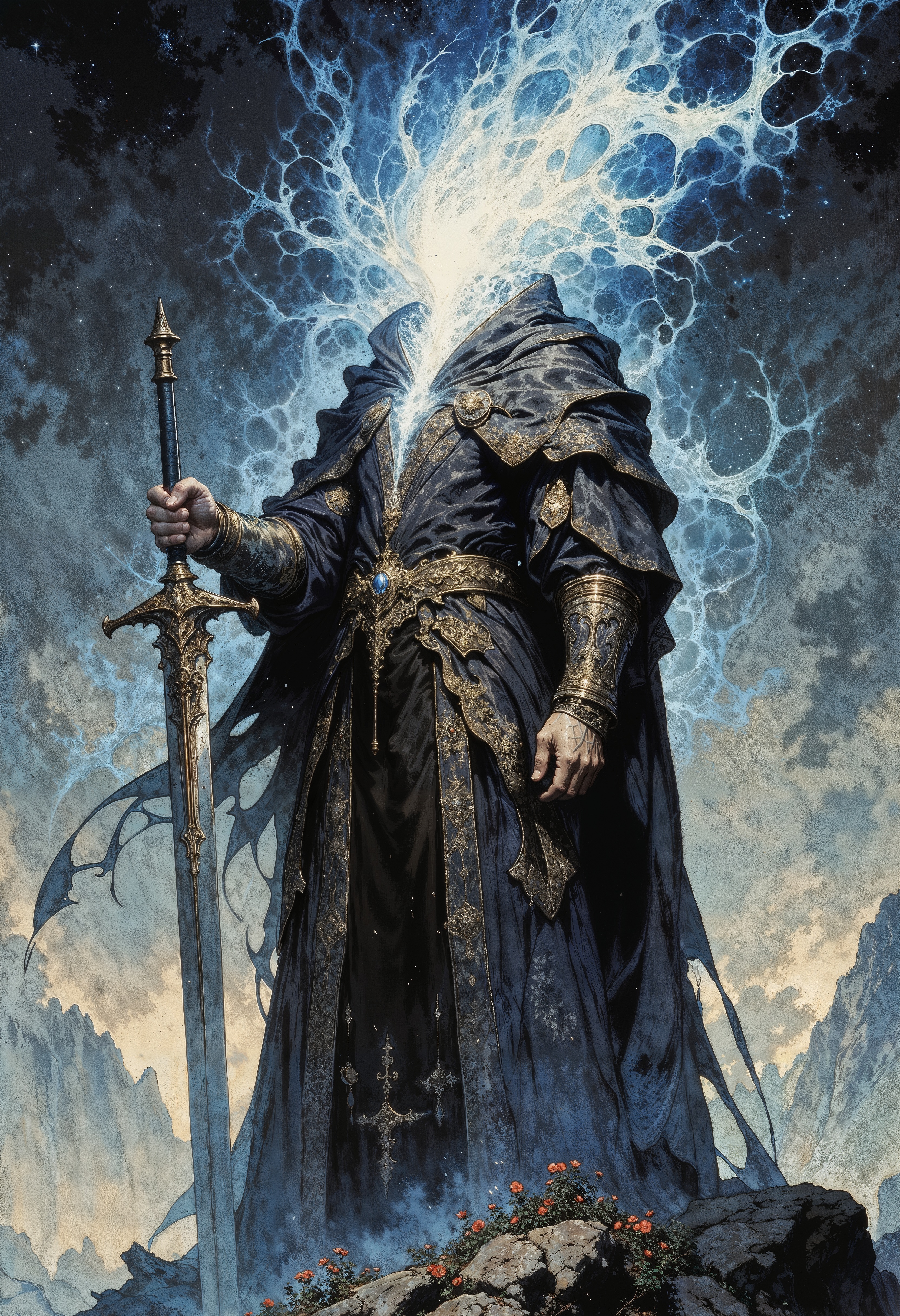 a mysterious figure standing in a dramatic pose. The figure is clad in an intricately detailed, dark, flowing robe with ornate patterns, suggesting a medieval or mystical theme. The most striking feature is the absence of a head, replaced by a swirling, ethereal mass of blue and white energy, resembling a nebula or cosmic cloud. This energy emits a soft glow, contrasting with the darker tones of the robe. The figure holds a long, gleaming sword in its right hand, the blade reflecting the ambient light. The background is a misty, otherworldly landscape with distant mountains and a starry sky, enhancing the mystical atmosphere. Small red flowers dot the ground, adding a touch of color to the otherwise muted palette. The overall composition conveys a sense of mystery and power, with a focus on the supernatural elements of the character.
