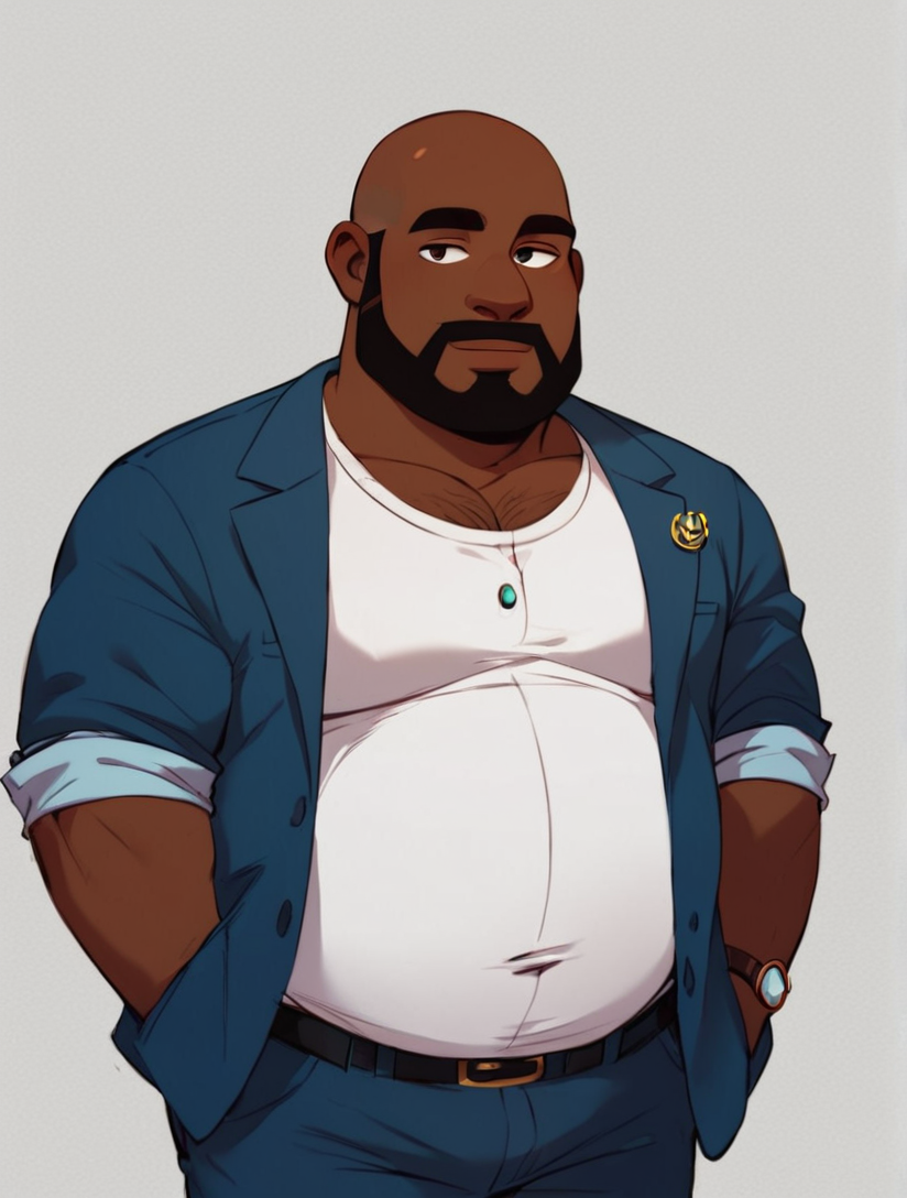 rating:safe
 1boy, solo male, alone, ((medium shot,)),
<lora:Priuncipal_Lewis:0.5> principal lewis, chubby, dark skin, black man, african american man, beard, bald, masculine, blue suit,, ,score_9, score_8_up,, <lora:Expressive_H:1> Expressiveh, <lora:add_details_xl:1> more detail, <lora:WildcardX-XL-Detail-Enhancer:1>