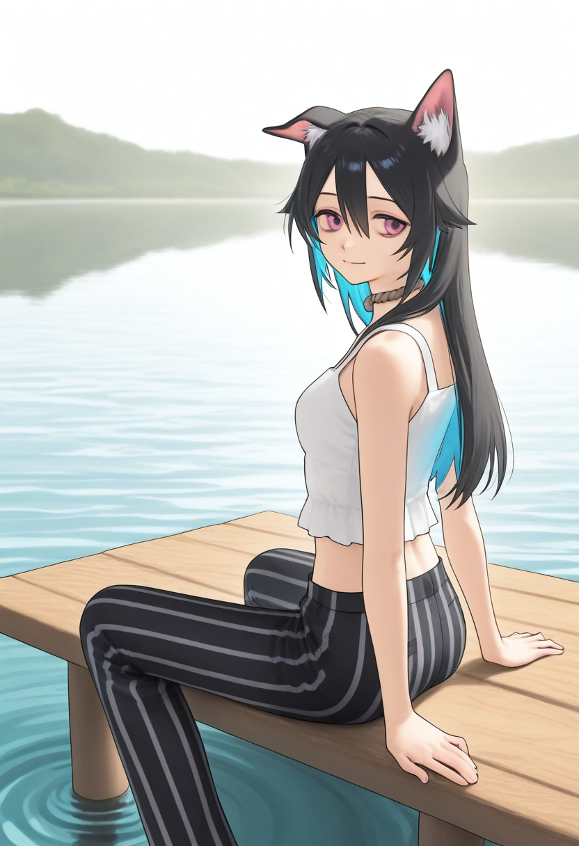 1girl, solo, gumpai, animal ears, pink eyes, single ear down, animal ear fluff, black hair, long hair, hair between eyes, multicolored hair, blue hair, colored inner hair, single ear down, rope choker, choker, white shirt, sleeveless shirt, navel, midriff, black pants, striped pants, vertical-striped pants, sitting on dock, looking back, from behind, soft smile, content expression, lake background, calm weather, gentle ripples, outdoor scenery, serene mood, natural lighting, <lora:Character_Gumpai:0.9>