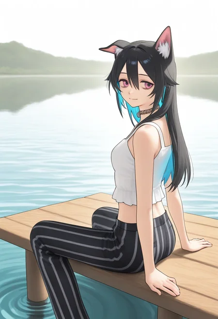 1girl, solo, gumpai, animal ears, pink eyes, single ear down, animal ear fluff, black hair, long hair, hair between eyes, multicolored hair, blue hair, colored inner hair, single ear down, rope choker, choker, white shirt, sleeveless shirt, navel, midriff, black pants, striped pants, vertical-striped pants, sitting on dock, looking back, from behind, soft smile, content expression, lake background, calm weather, gentle ripples, outdoor scenery, serene mood, natural lighting, <lora:Character_Gumpai:0.9>