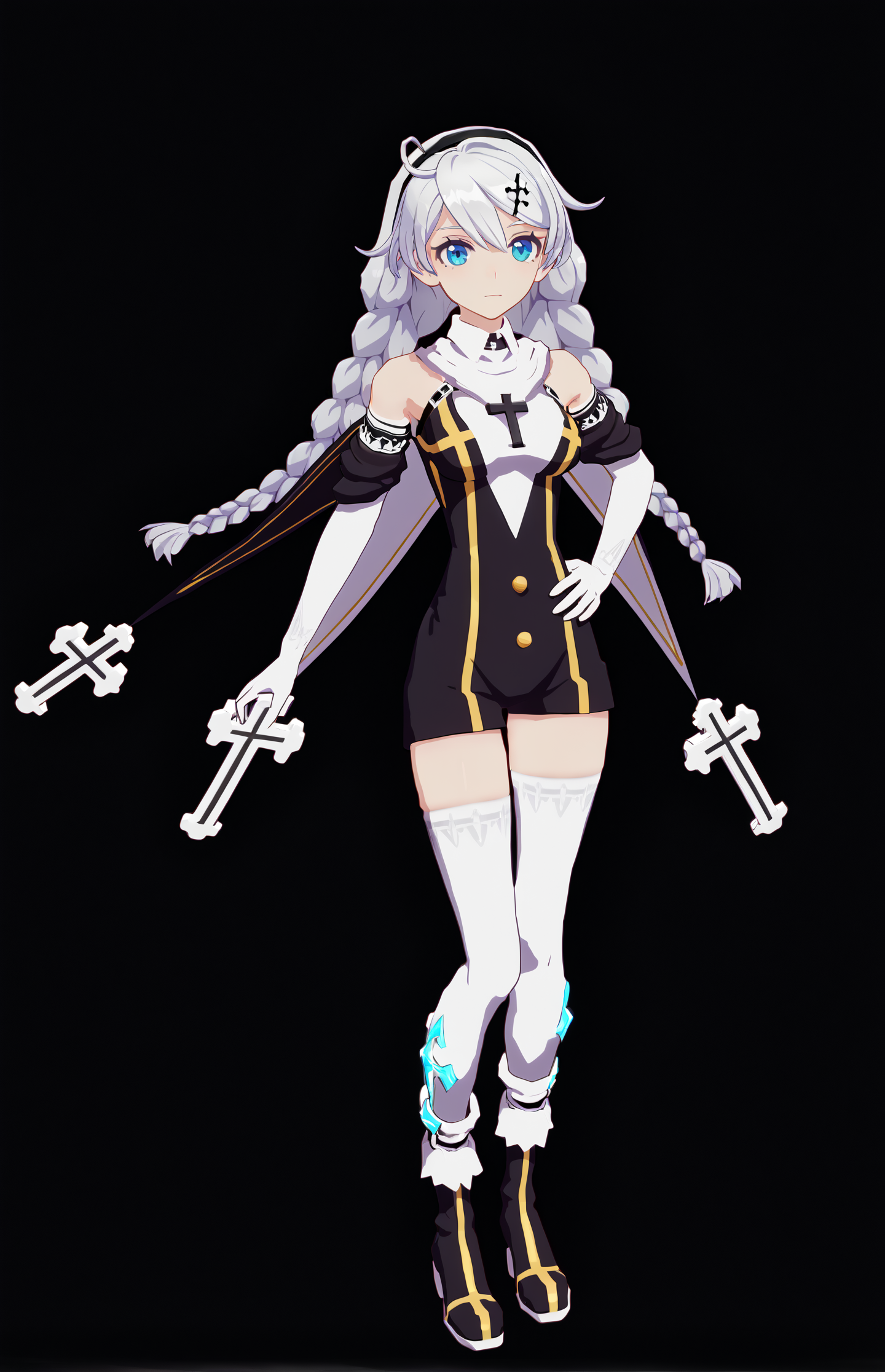 score_9, score_8_up, score_7_up, score_6_up, 8k, best quality, masterpiece, (ultra-detailed:1.1), (high detailed skin), 
(full body), (black background:1.3), standing, looking at viewer, (solo), hand on hip, 
<lora:kiana-young-pony-Tanger-000010:0.8>, kiana kaslana, shennv, 8th clothes, 1girl, nun, braid, twin braids, bare shoulders, bangs, boots, white thighhighs, gloves, hair ornament, long hair, 
(beautiful_face), ((intricate_detail)), clear face, 
((finely_detailed)), fine_fabric_emphasis, 
((glossy)), full_shot,