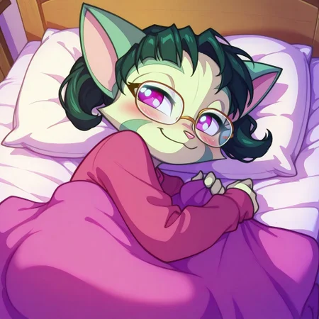 Dreamkeepers,1girl,prelude_lilith,solo,furry,tail,green hair, source_furry,glasses,magenta eyes,
cat_ears, neko, cute, blush, smile, short_hair, bob_hair, indoors, pillow, cozy, sleeping, bed, curled_up, relaxed, soft_blanket, closed_eyes, peaceful, dim_lighting, anime_style, warm_colors, night_time, detailed_background