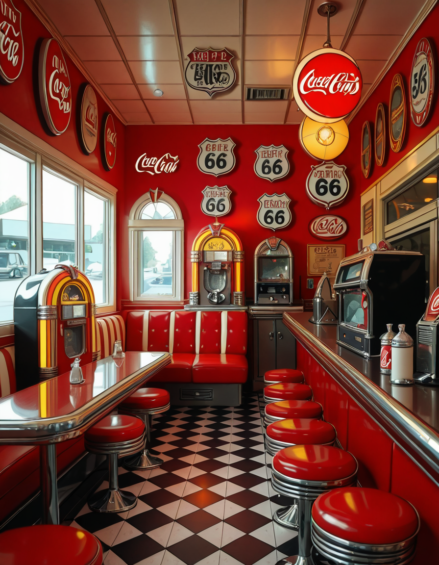 A classic 1950s American diner with a nostalgic retro atmosphere. The interior features red and white leather booth seating, chrome-trimmed tables, and a long counter with matching red barstools. A vintage jukebox with colorful neon lights stands against the wall, ready to play rock 'n' roll hits. The checkered black-and-white floor contrasts with pastel-colored walls adorned with Coca-Cola signs, Route 66 memorabilia, and classic diner menus. A row of shiny chrome napkin dispensers and glass salt and pepper shakers sit neatly on the tables. A milkshake machine and an old-fashioned soda fountain rest behind the counter, next to a vintage cash register. Large windows let in soft daylight, reflecting off the gleaming surfaces, creating a warm and inviting retro ambiance.
<lora:SDXLFaeTastic2400:0.4> <lora:extremely_detailed:0.4> extremely detailed,1950s American d1n3r, <lora:1950s_American_d1n3r-i:1>, Masterpiece,best quality,hi res,8k,hi res,8k,award winning,(sharp focus, intricate, highly detailed),